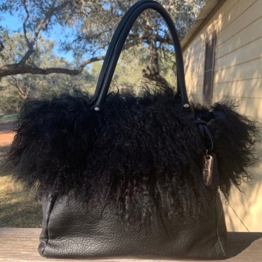 SOLD - Aqua Madonna Leather Tote handbag Trimmed In Mongolian Lamb Fur